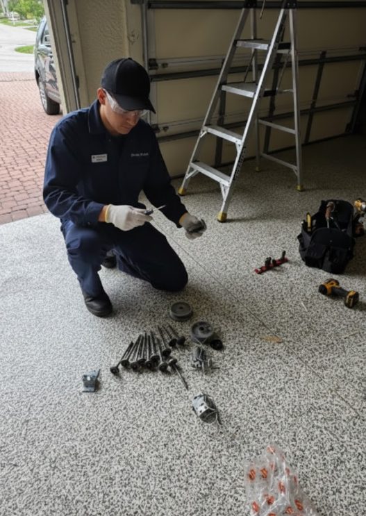 Technician sorting garage door hardware and parts in a driveway